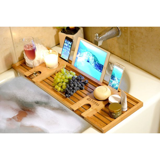 Craft Wood Natural Bamboo Bathtub Caddy - Luxury Bath Serving Tray for 2