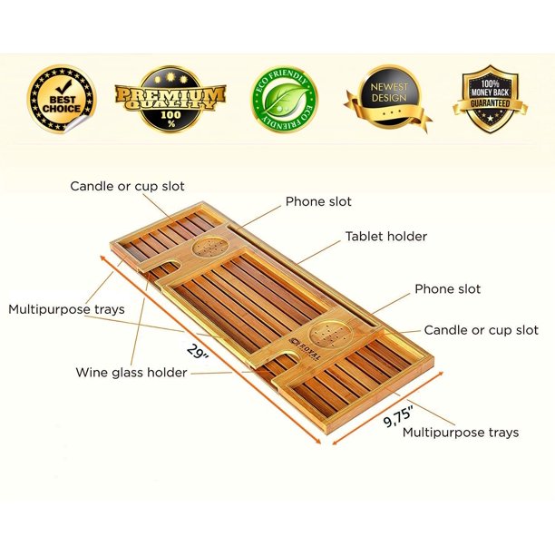 Craft Wood Natural Bamboo Bathtub Caddy - Luxury Bath Serving Tray for 2