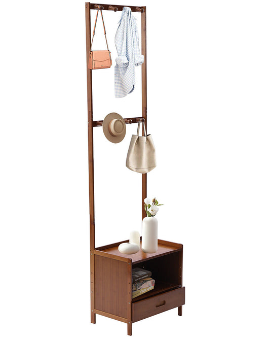 Bedside Table Bamboo – Multi-Purpose 2-Tier Storage Table with Coat Rack & Hooks for Entryway, Bedroom, or Closet (165cm)