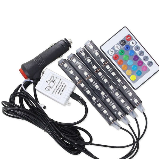 4Pcs Car RGB LED DRL Strip Lights - Remote Control Interior Floor Decorative Flexible LED Strips - Car Styling, Fog Lamp, and Atmosphere Lighting
