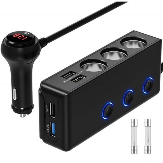 Quick Charge 3.0 Cigarette Lighter Adapter 120W, 12V/24V, 3-Socket Splitter with 8.5A DC Output