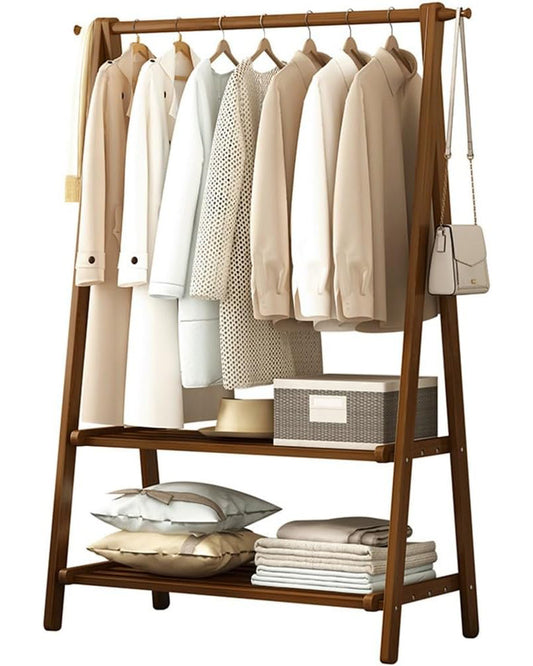 Bamboo Coat Rack - 2-Tier Free Installation Folding Clothes Rack for Bedroom, Balcony, Entryway