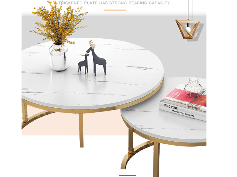 Coffee Table Set – Round Nesting Coffee Table with White MDF Top & Gold Frame (2 PCS)