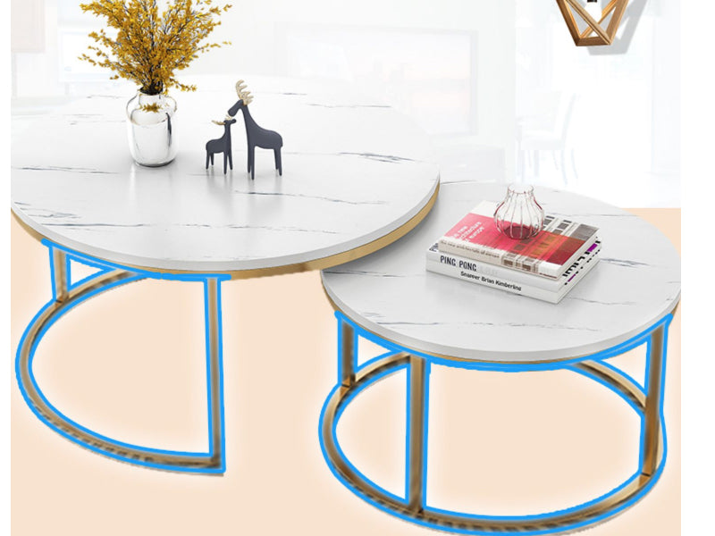 Coffee Table Set – Round Nesting Coffee Table with White MDF Top & Gold Frame (2 PCS)