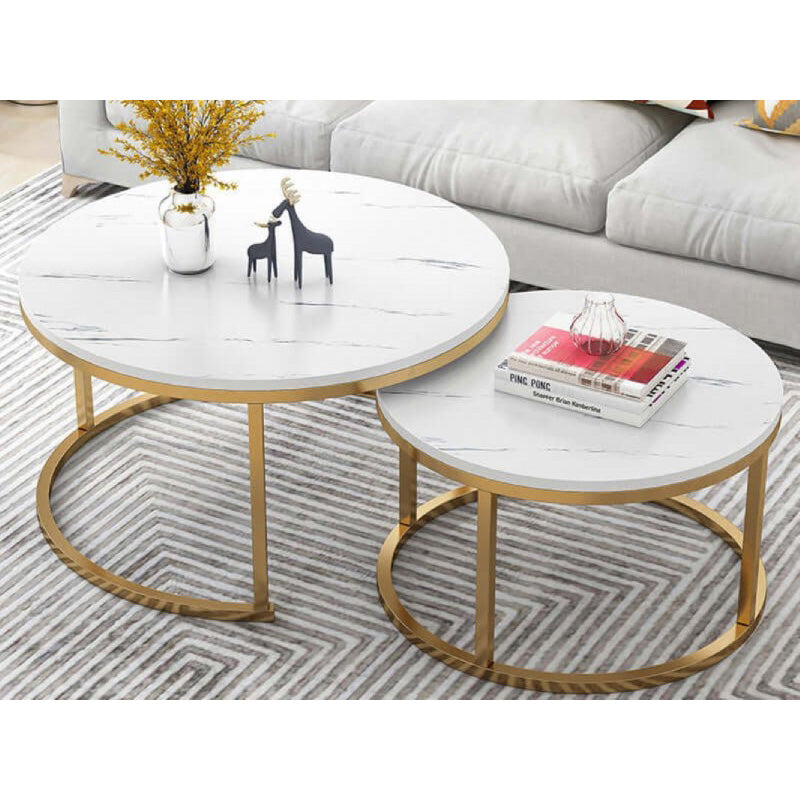 Coffee Table Set – Round Nesting Coffee Table with White MDF Top & Gold Frame (2 PCS)