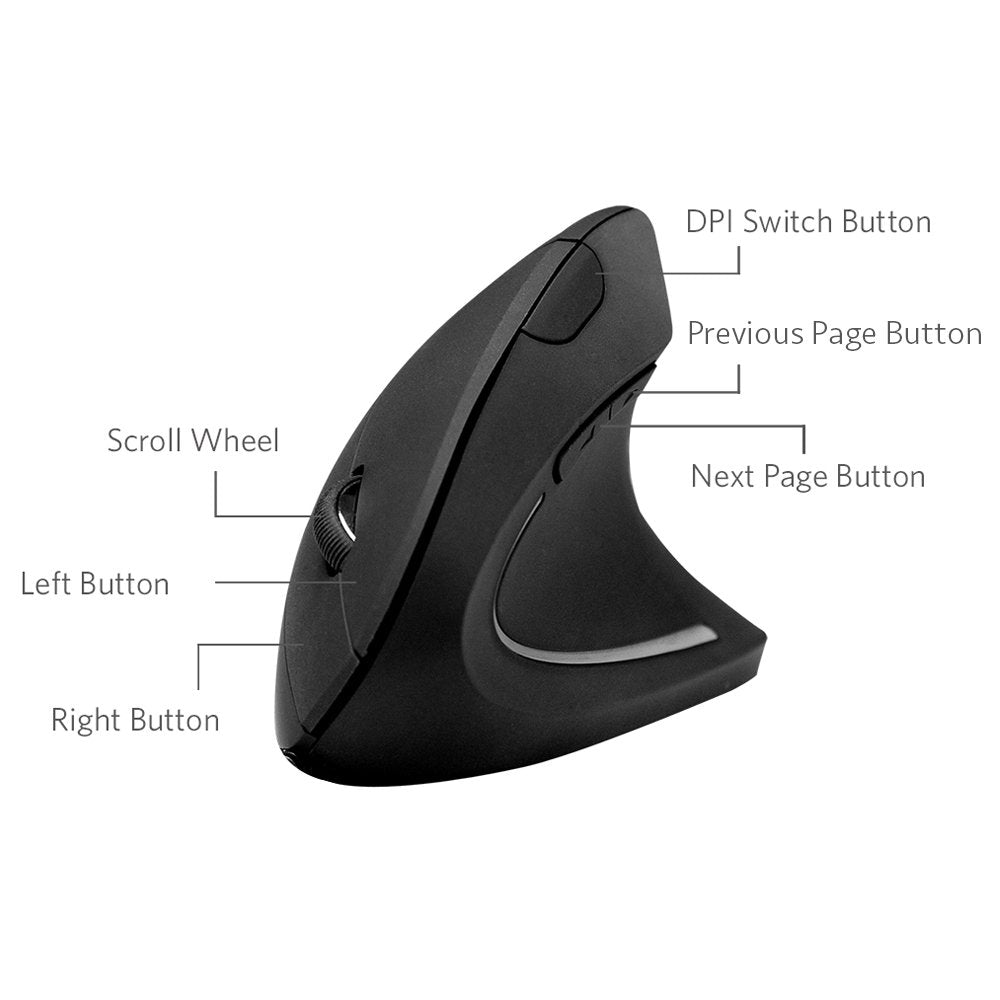 Ergonomic Vertical Wireless Mouse - 2.4G Optical Mouse for PC, Desktop, and Laptop, 6 Buttons, Adjustable DPI, Reduces Wrist Pain