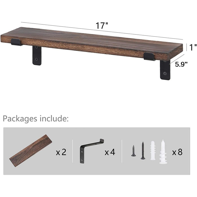 Set of 2 Wall Mounted Rustic Wood Shelves - Floating Storage Shelves with Metal Brackets for Home Decor, Kitchen, Living Room, and Bathroom