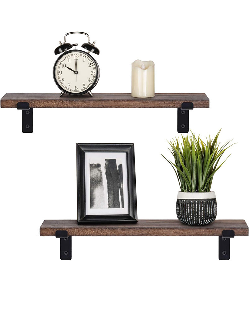 Set of 2 Wall Mounted Rustic Wood Shelves - Floating Storage Shelves with Metal Brackets for Home Decor, Kitchen, Living Room, and Bathroom