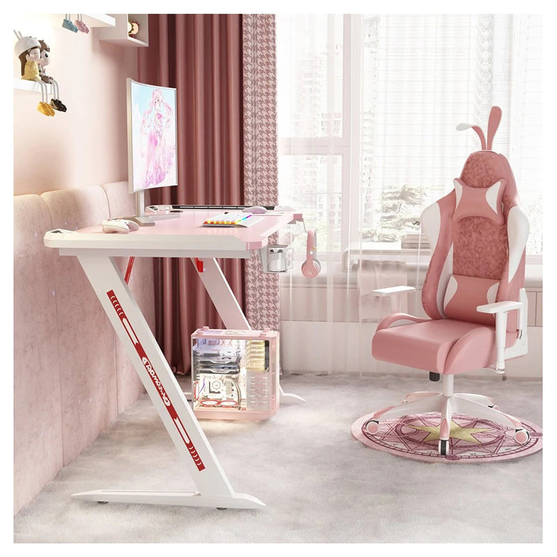 RGB Gaming Desk – Z-Shaped Pink Computer Desk with LED Lights