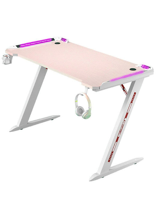 RGB Gaming Desk – Z-Shaped Pink Computer Desk with LED Lights