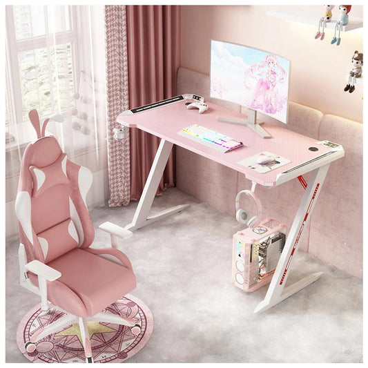 RGB Gaming Desk Home Office Carbon Fiber Led Lights Game Racer Computer PC Table Z-Shaped Pink 120CM