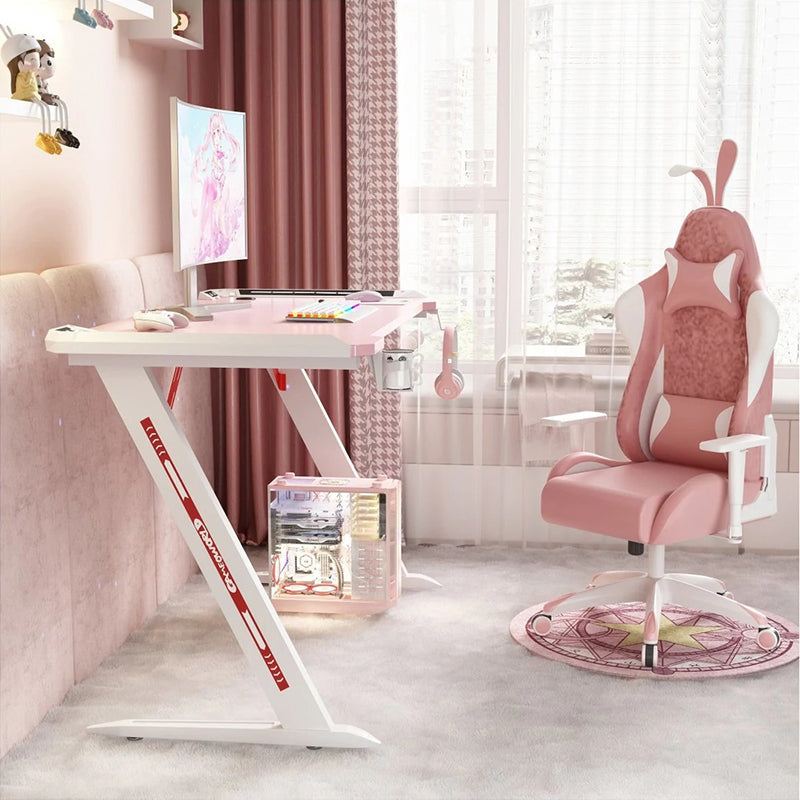 RGB Gaming Desk Home Office Carbon Fiber Led Lights Game Racer Computer PC Table Z-Shaped Pink 120CM