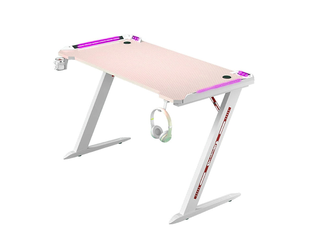 RGB Gaming Desk Home Office Carbon Fiber Led Lights Game Racer Computer PC Table Z-Shaped Pink 120CM