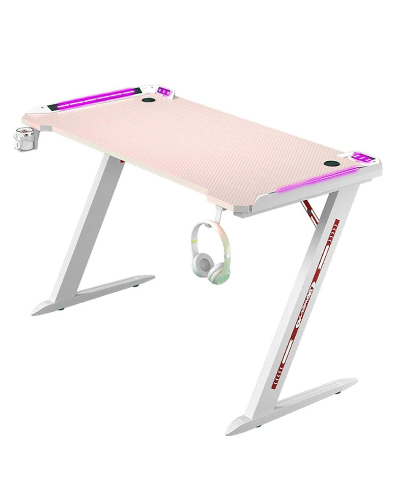 RGB Gaming Desk Home Office Carbon Fiber Led Lights Game Racer Computer PC Table Z-Shaped Pink 120CM