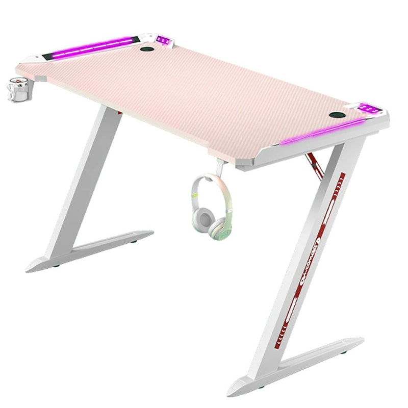 RGB Gaming Desk Home Office Carbon Fiber Led Lights Game Racer Computer PC Table Z-Shaped Pink 120CM