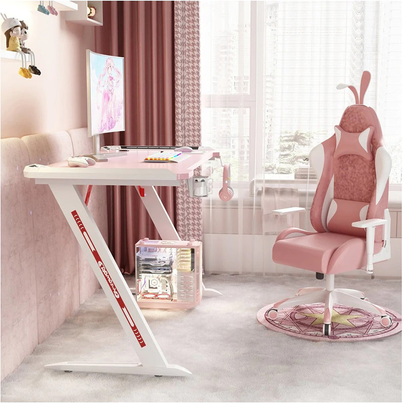 Gaming Desk RGB – Z-Shaped Gaming Desk with LED Lights, Carbon Fiber Surface, Pink 140CM