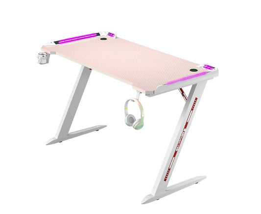 Gaming Desk RGB – Z-Shaped Gaming Desk with LED Lights, Carbon Fiber Surface, Pink 140CM