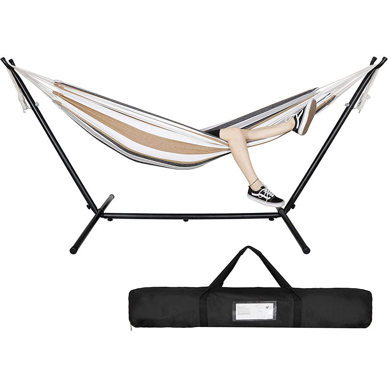2-Person Hammock with 9FT Steel Stand - Weather Resistant Double Hammock Bed and Stand with Carrying Case, 450LBS Capacity, 6 Optional Hook Positions (Tan Stripe)