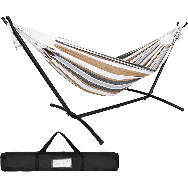 2-Person Hammock with 9FT Steel Stand - Weather Resistant Double Hammock Bed and Stand with Carrying Case, 450LBS Capacity, 6 Optional Hook Positions (Tan Stripe)