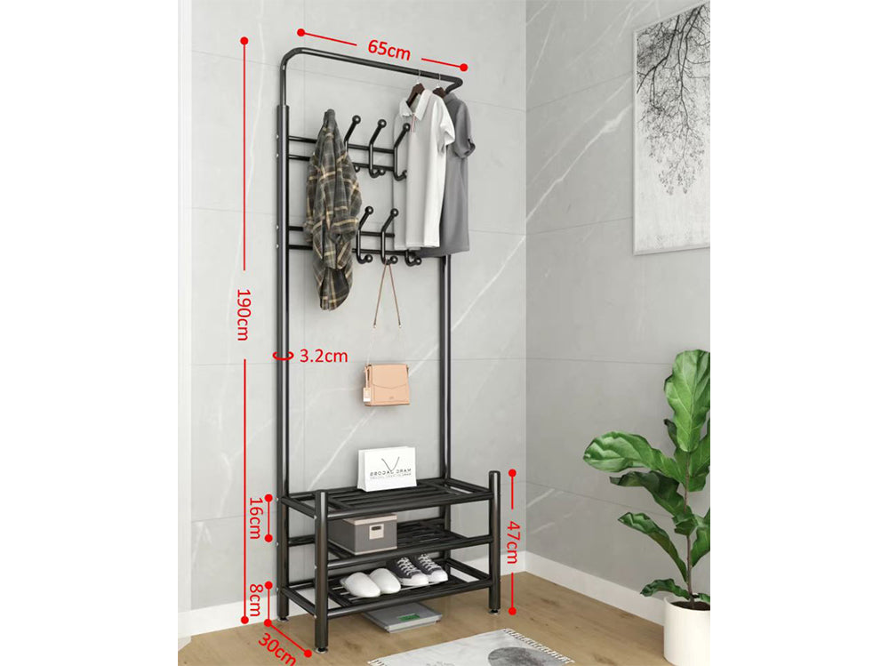 Metal Entryway 18 Hooks Coat Rack with 3-Tier Shoe Rack Bench - Black