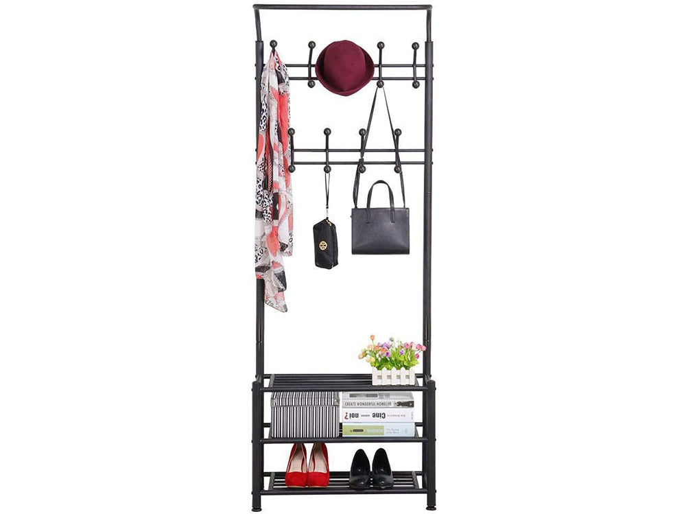 Metal Entryway 18 Hooks Coat Rack with 3-Tier Shoe Rack Bench - Black