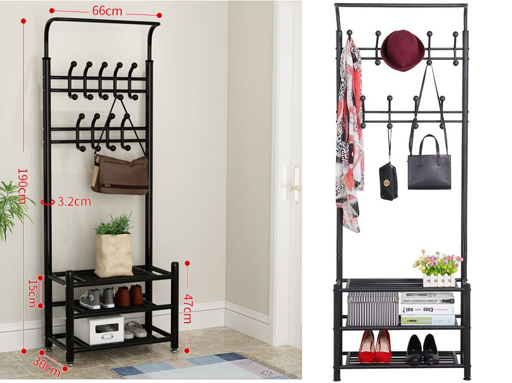 Metal Entryway 18 Hooks Coat Rack with 3-Tier Shoe Rack Bench - Black