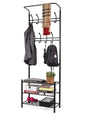 Metal Entryway 18 Hooks Coat Rack with 3-Tier Shoe Rack Bench - Black
