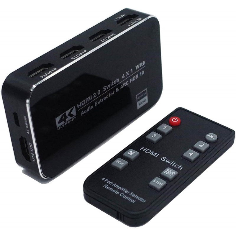 HDMI Switch 4x1 with Audio Extractor – 4K@60Hz HDMI Switch with ARC, TOSLINK & Remote Control