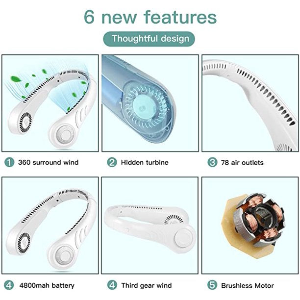 Portable Neck Fan - Hands-Free Bladeless Neck Fan with USB Rechargeable Design