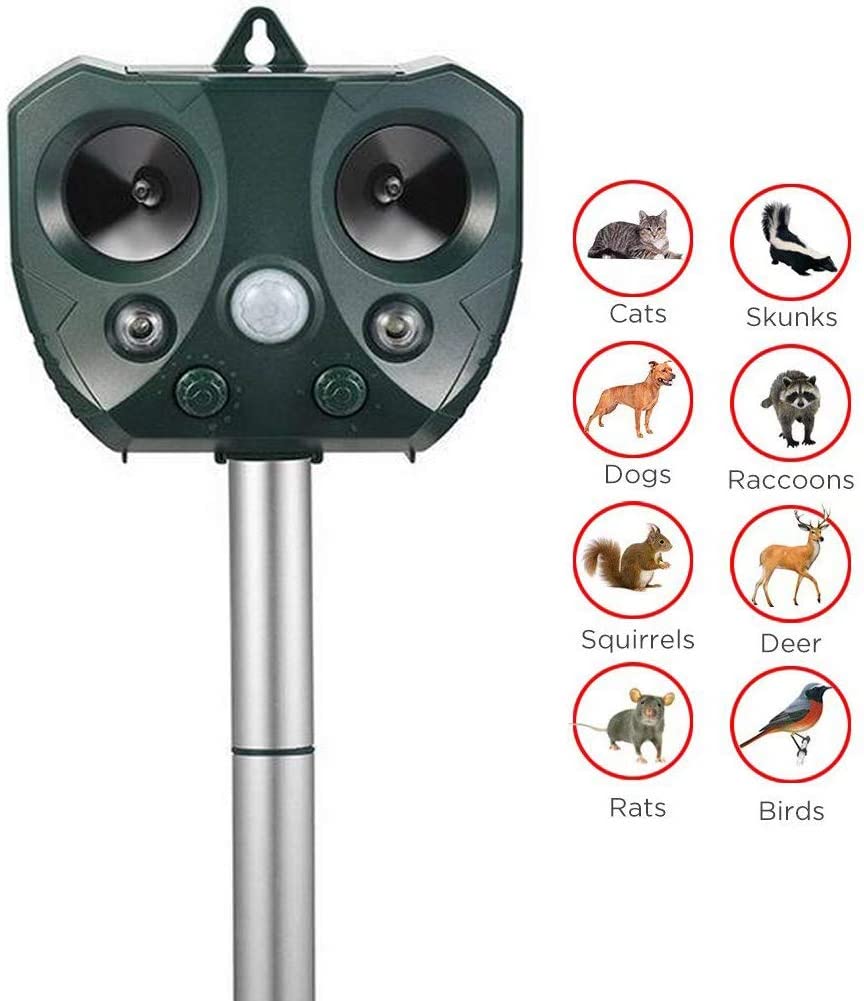 Solar Powered Ultrasonic Animal Repeller - Waterproof Outdoor Pest Deterrent for Raccoons, Cats, Dogs, Birds, Rabbits, Squirrels, Skunks, Deer, Rodents