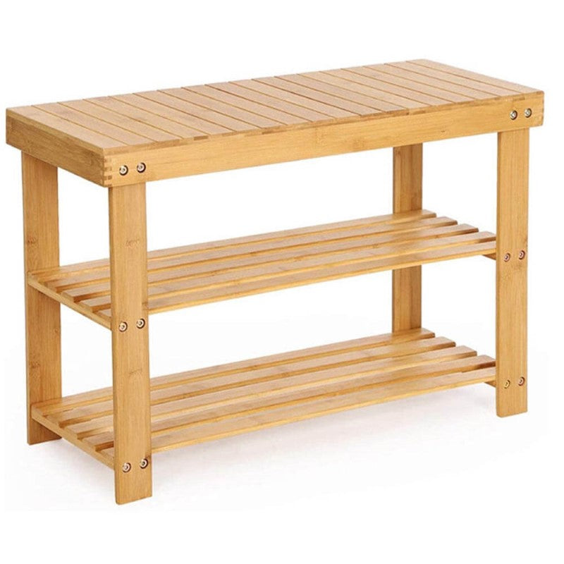 Bamboo Shoe Rack Bench - 3-Tier Free Standing Wood Shoe Storage for Hallway, Bathroom, Living Room