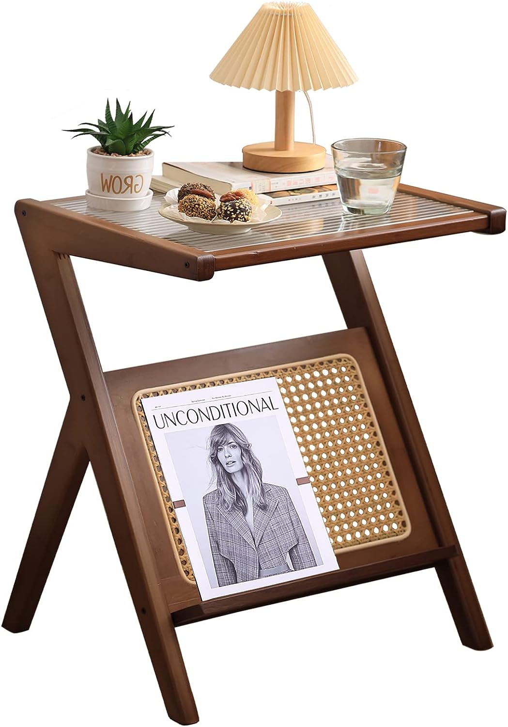 Rattan Side Table – Mid Century Nightstand with Bamboo Accent, Glass Coffee Tables for Small Spaces