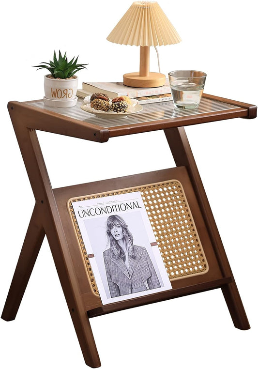 Rattan Side Table – Mid Century Nightstand with Bamboo Accent, Glass Coffee Tables for Small Spaces