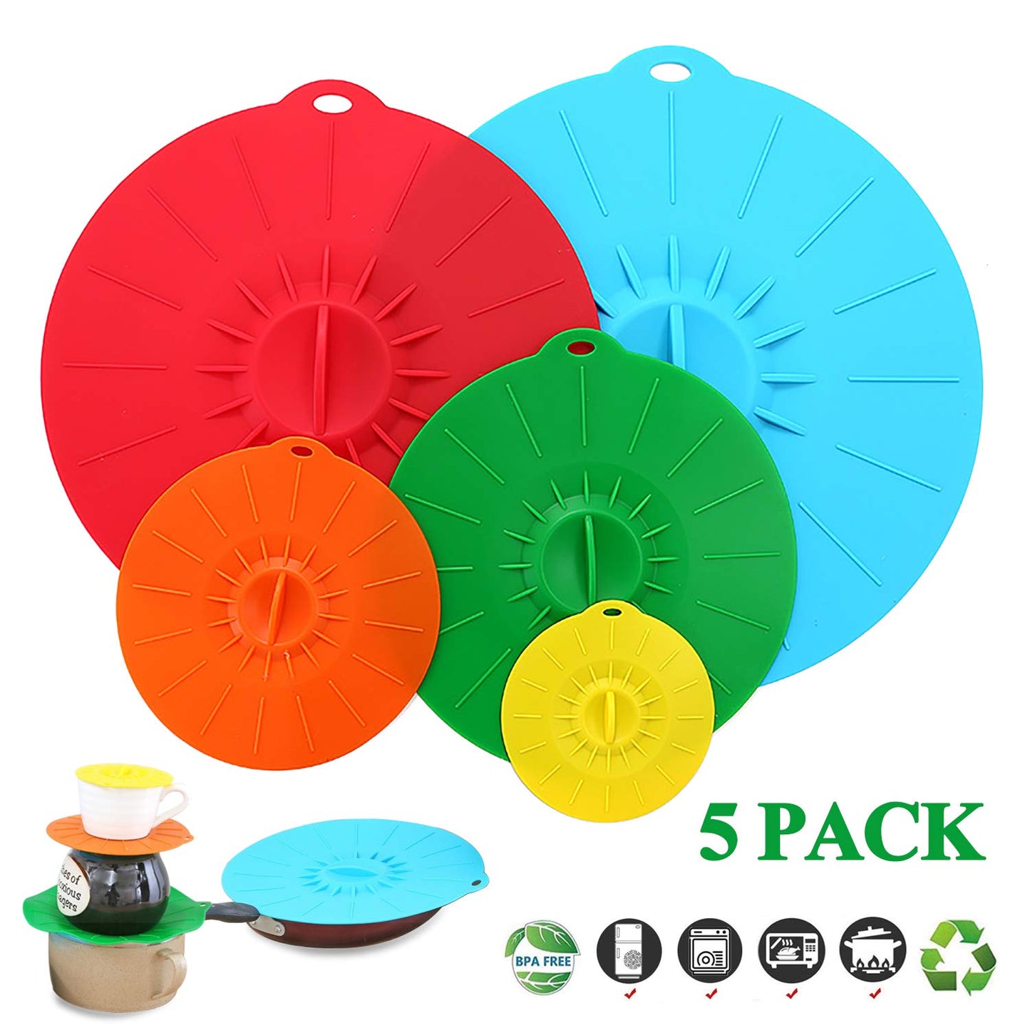 Set of 5 Reusable Silicone Lids Covers for Cups Bowls Pots