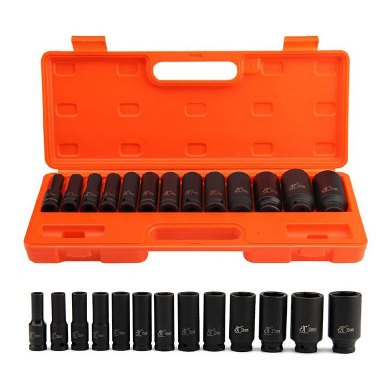 13pc Impact Socket 1/2" Inch Deep Tool Set 10-32mm Metric Garage Workshop Kit