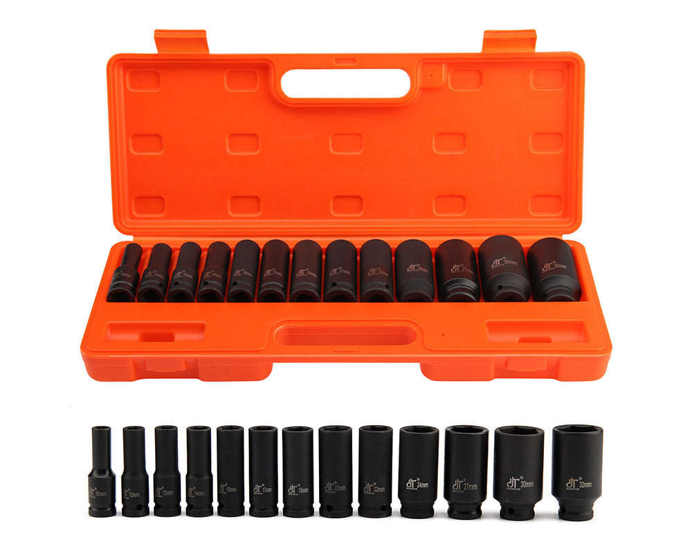 13pc Impact Socket 1/2" Inch Deep Tool Set 10-32mm Metric Garage Workshop Kit