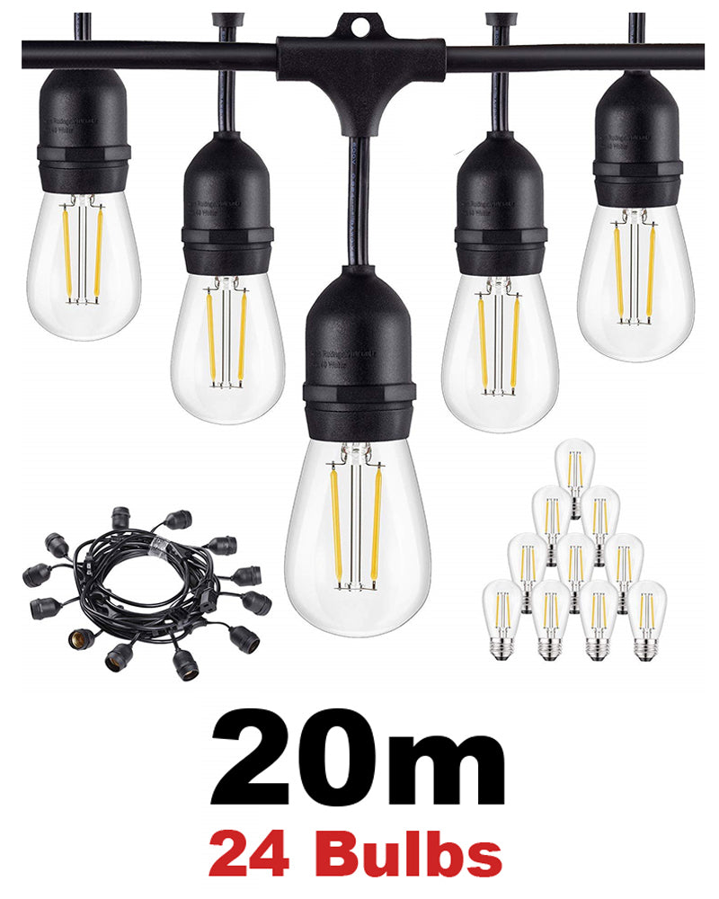 LED Festoon String Lights - 20m Length with 24 Bulbs