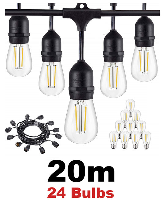 LED Festoon String Lights - 20m Length with 24 Bulbs