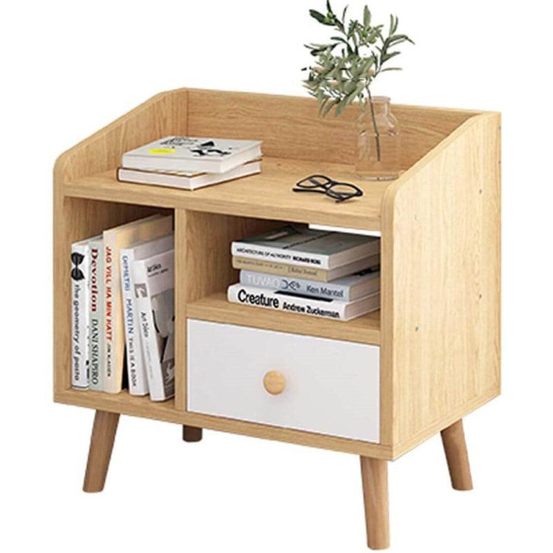 Nordic Modern Bedside Table – 1-Drawer Bedside Table with Open Shelves & Rounded Corners (Wood Color)