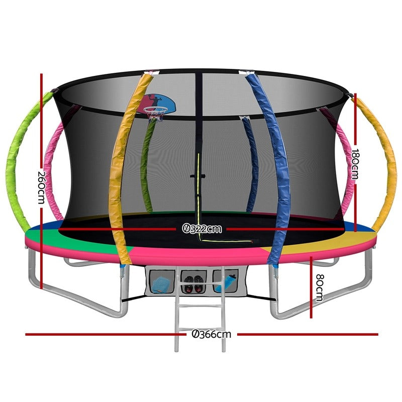 12FT Round Trampoline with Basketball Hoop – Multi-Coloured Outdoor Trampoline with Enclosure Net, Safety Pad & Ladder – Kids’ Gift Present