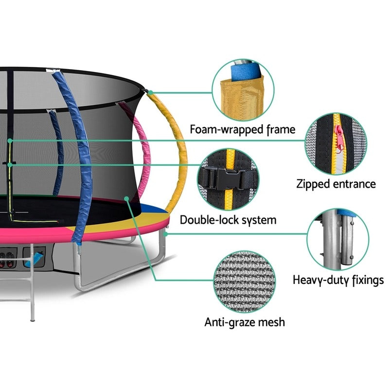 12FT Round Trampoline with Basketball Hoop – Multi-Coloured Outdoor Trampoline with Enclosure Net, Safety Pad & Ladder – Kids’ Gift Present