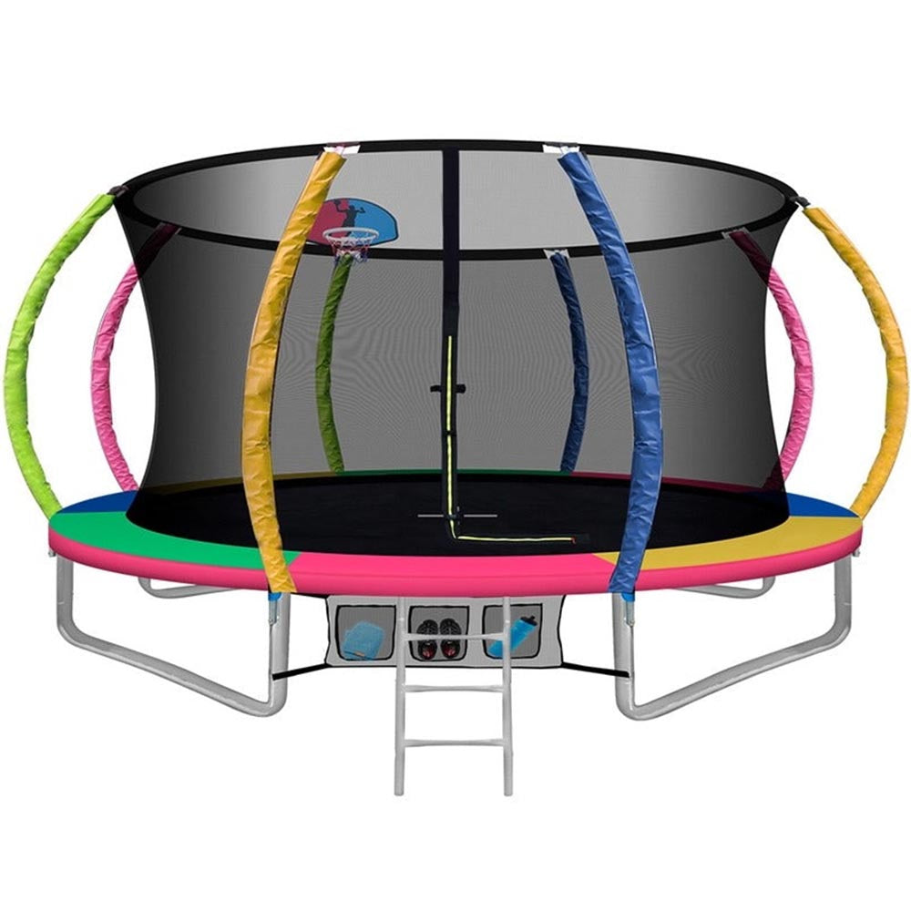 12FT Round Trampoline with Basketball Hoop – Multi-Coloured Outdoor Trampoline with Enclosure Net, Safety Pad & Ladder – Kids’ Gift Present