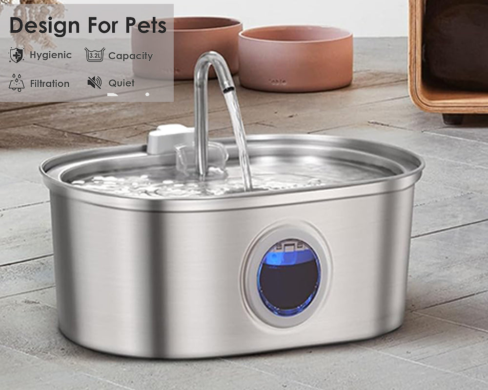 Stainless Steel Cat Water Fountain – 3.2L Water Dispenser with Dual Filter System